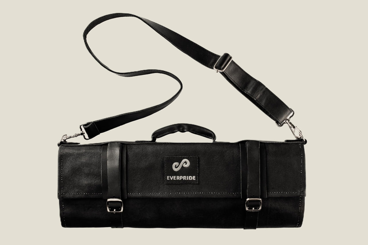 EVERPRIDE Waxed Canvas and Genuine Leather Trim Chef Knife Roll Bag Holds 12 Knives and Cooking Tools – Durable, Large Knife Case – Elegant Chef Bag for Professional Cooks and Students