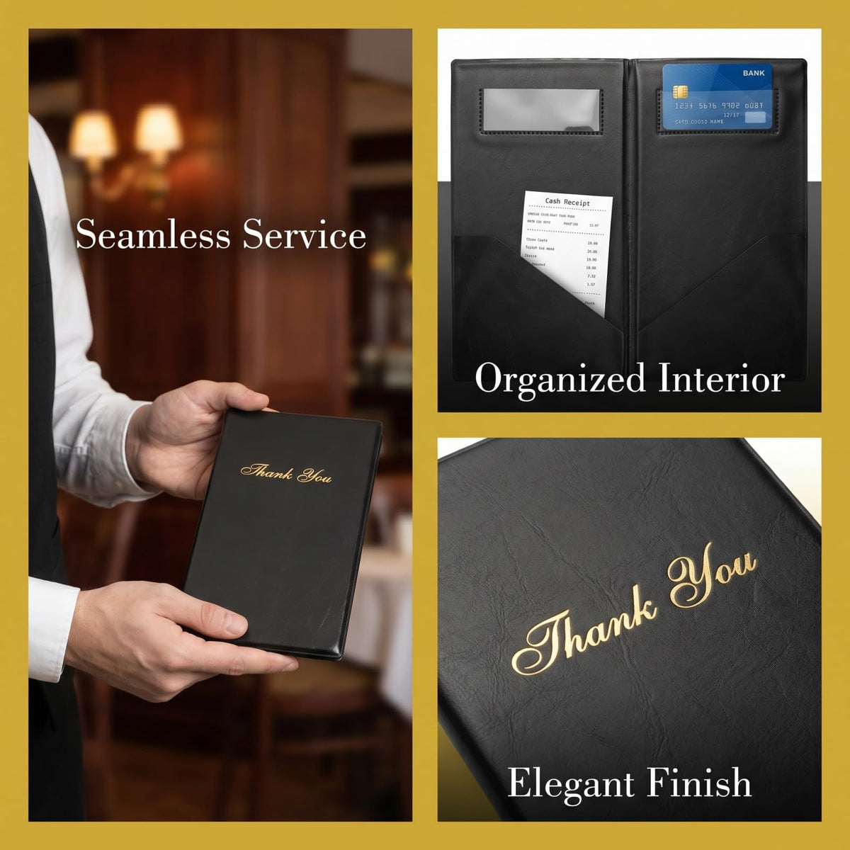 Lyellfe 12 Pack Restaurant Check Presenters, Guest Check Card Holder, PVC Leather Check Presenters for Servers, Black with Gold Thank You Imprint, Ideal for Restaurants, Cafe Bar Eatery