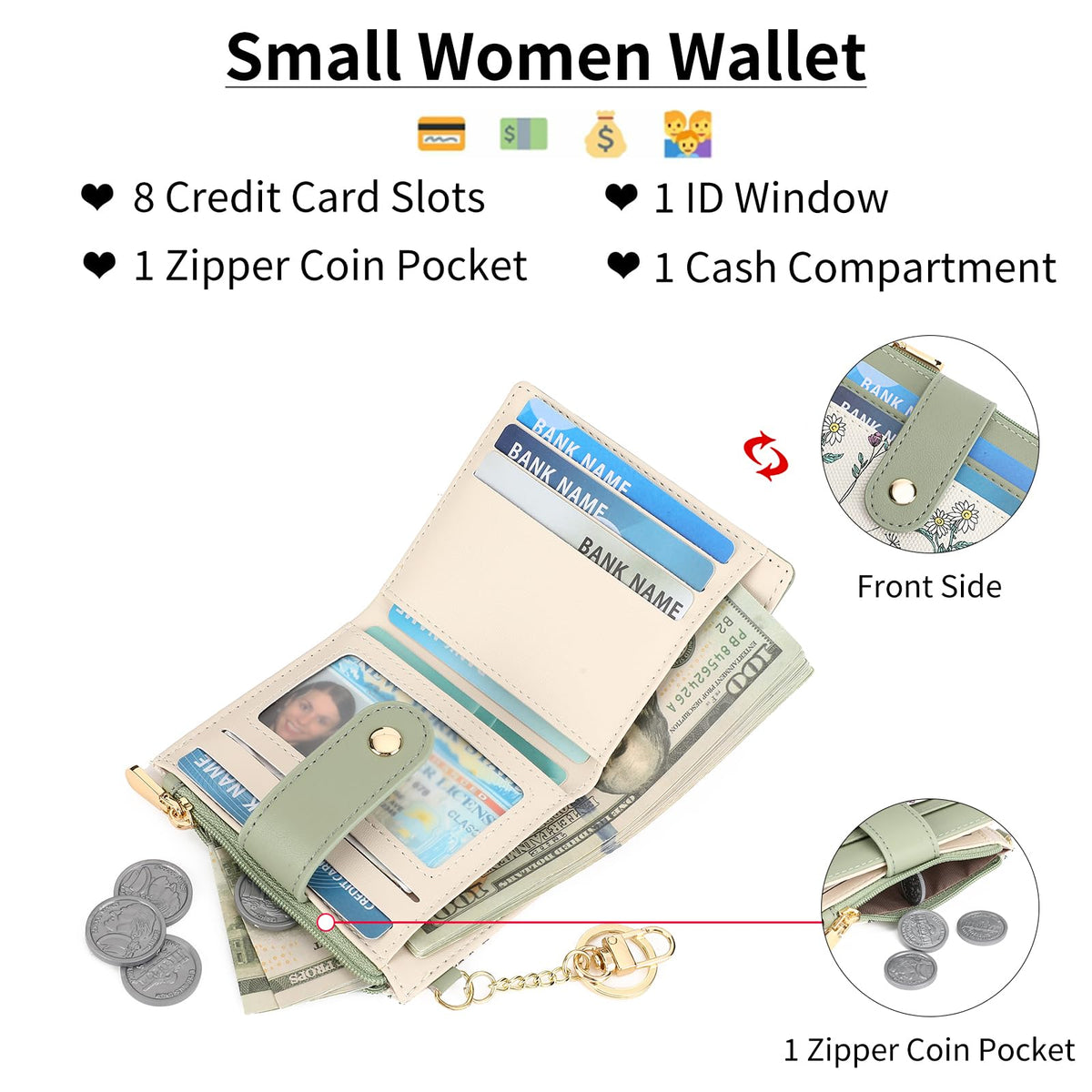 GAEKEAO Small Wallet for Women RFID Blocking Slim Bifold Floral Leather Card Holder with Zipper Pocket ID Window