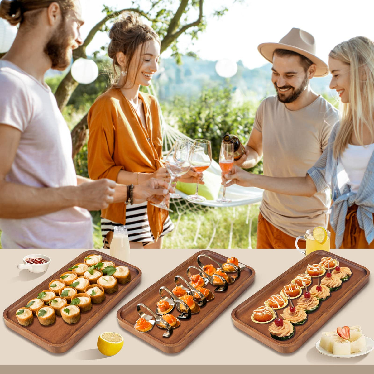 16"x 8" Large Wooden Serving Trays Decor Long Charcuterie Cheese Boards Acacia Wood Kitchen Dinner Platters Rectangular Snack Appetizer Plates for Food Dish Rectangle Party Cookie Dessert Tray