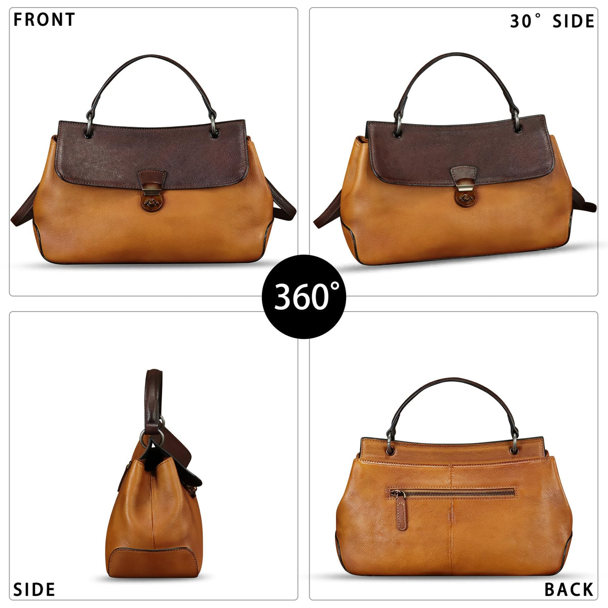 Genuine Leather Satchel for Women Vintage Leather Handbag Top Handle Bags Handmade Retro Purse Crossbody Bag (Brown+Coffee Flap)