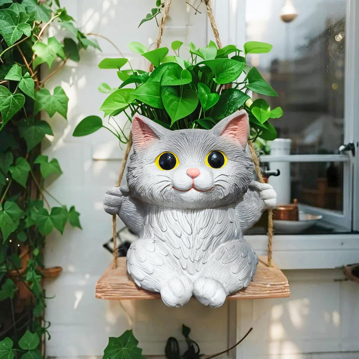 Pyoimmne Cat Hanging Planters for Indoor Outdoor Plants, Small Cute Hanging Pots for Succulent, String of Pearls Plant, Resin Hanging Flower Pots with Drainage Hole, Unique Gift, Garden Home Decor