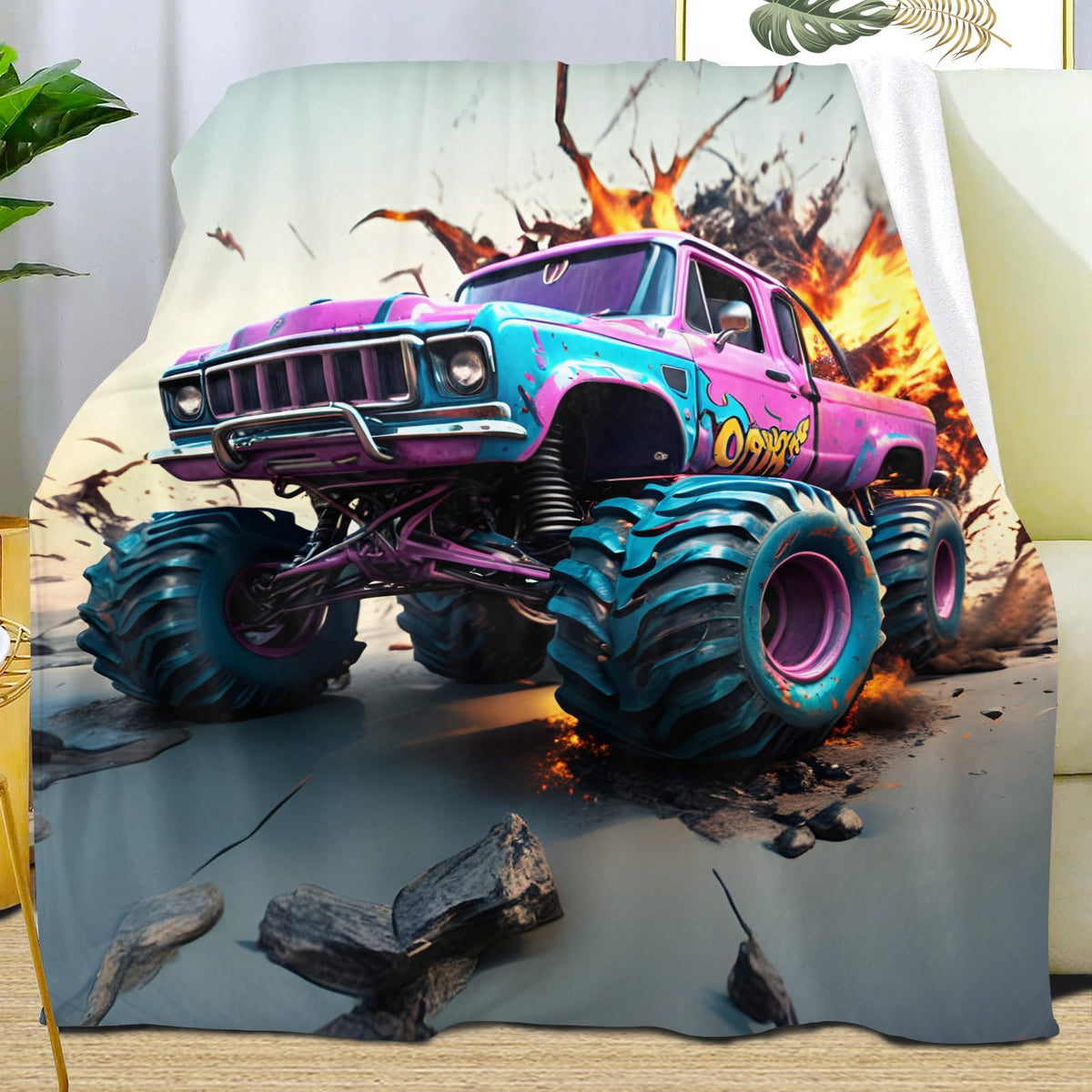 PAOABIU Monster Truck Blankets, Graffiti Car Throw Blanket for Couch Bed Sofa, Boys Blankets and Throws - Super Soft Cozy Plush Flannel Blanket Gifts & Decor, 66x90
