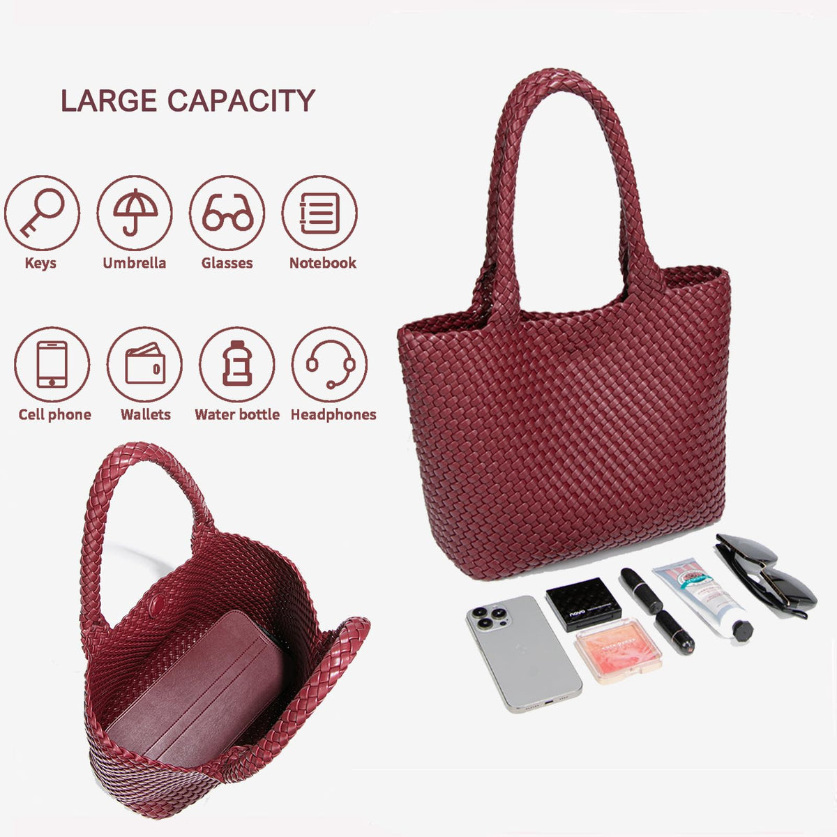 SporGenius Woven Tote Bag for Women, Vegan Leather Handwoven Bags with Small Handmade Purse, Large Travel Braided Top Handle Handbags (Burgundy)