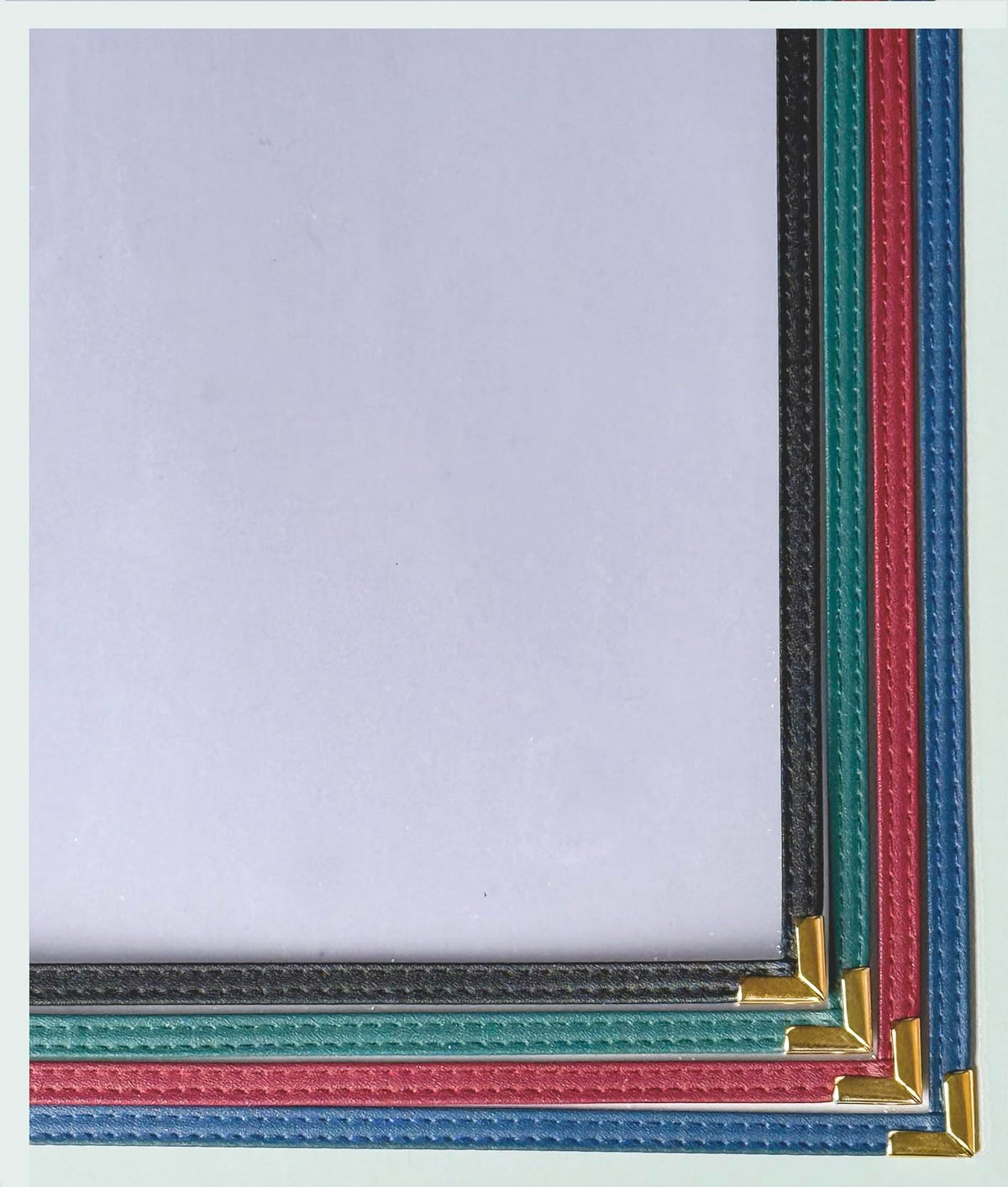 10 Pcs Menu Cover 8.5x14 Inch, Legal Size, 2 Pages / 4 Views Menu Sleeves, Clear Waterproof PVC Menu Holder (Blue Edge, Gold Metal Corners)