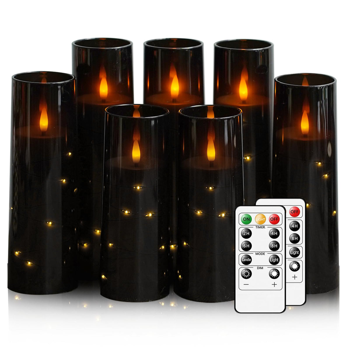 Flameless Candles,with Embedded Star String, Battery Operated Candles Flickering LED Pillar Candles with Remote Control and Timer, Home Decoration Add a Warm and Romantic Atmosphere，Set of 7 (Black)