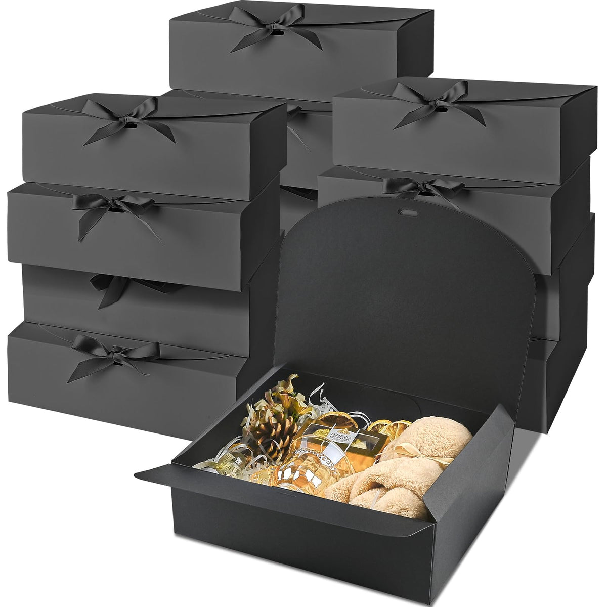 Ocmoiy 12 Pack Gift Boxes with Lids, 10.6x7.8x3.1 Inch Black Paper Gift Box with Ribbon, Bridesmaid Proposal Box for Wedding, Packaging, Baby Shower, Birthday, Christmas, Party, Present Crafting