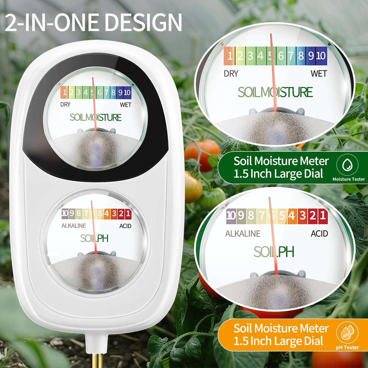 Aenncci Soil Test Kit, 2-in-1 Soil Moisture Meter, Soil pH Tester, Large Dual Dial Soil Meter for Plants, Garden Soil, Lawn, Farm, Outdoor & Indoor Use-White