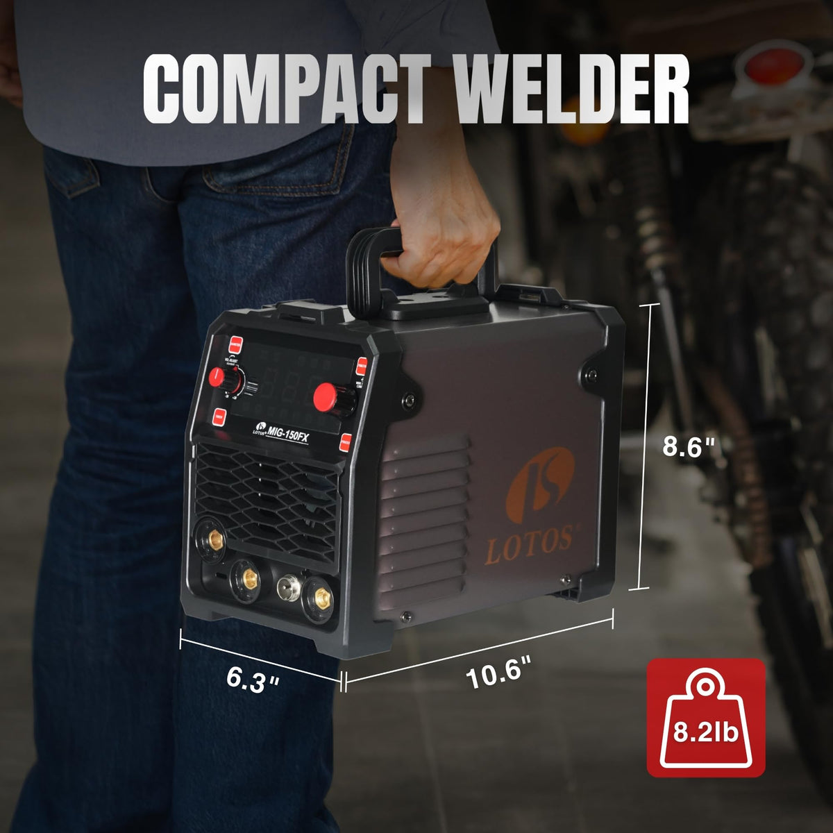 LOTOS OPTIMA 150A MIG Welder, 3-in-1 Synergic MIG Flux Core/MMA/TIG Welding Machine, 120V Portable IGBT Inverter with Large LED Display, 2T/4T/Spot Modes, Wire Feed 0.030"/0.035"