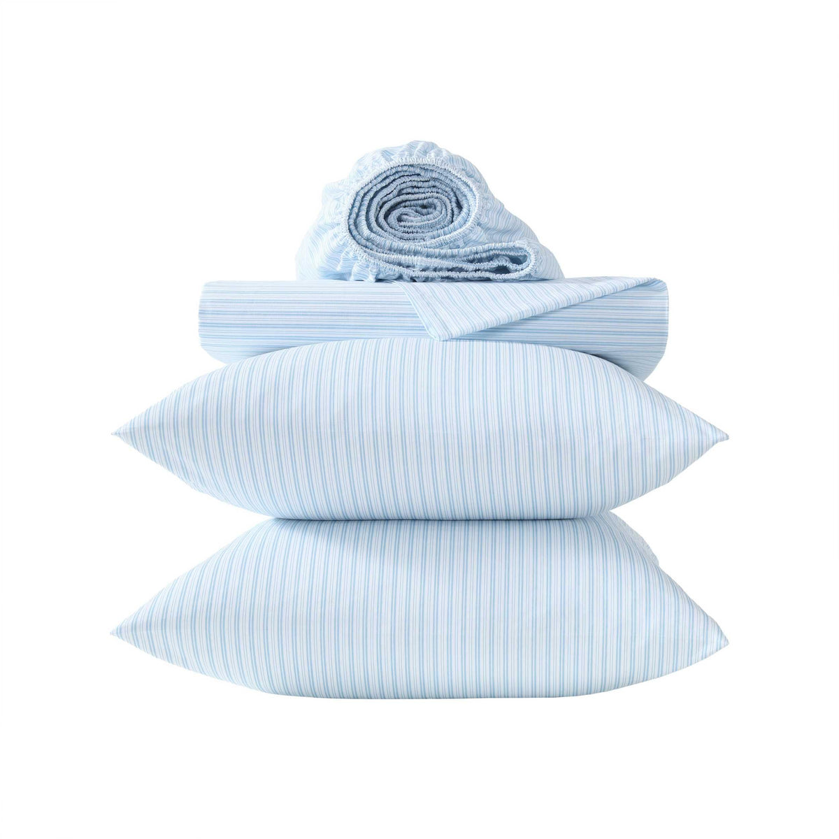 Laura Ashley - King Sheet Set, Crisp & Cool Cotton Percale Bed Sheets, Deep Pockets, Striped Bedding with Matching Fitted Sheet & Pillowcases (Bedford Skinny Stripe Blue)