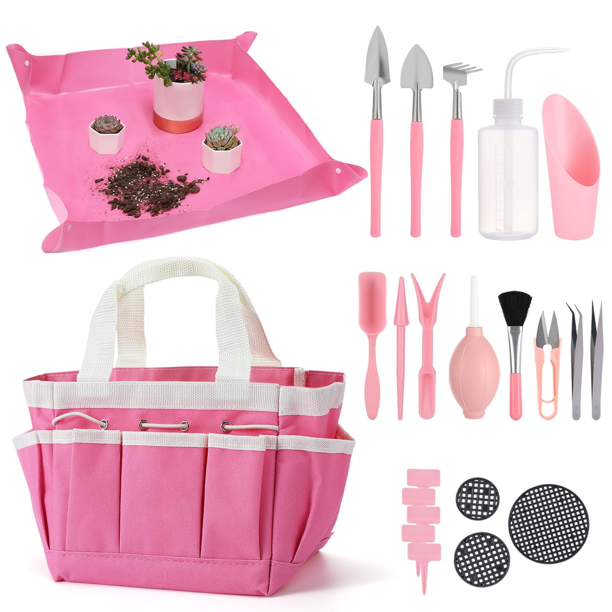 44pcs Small Gardening Tools Gifts for Women Beginners - Garden Hand Tools Set for Indoor Succulent Bonsai Plants Transplanting, Included Bag/Repotting Mat/Shovel/Labels, Pink