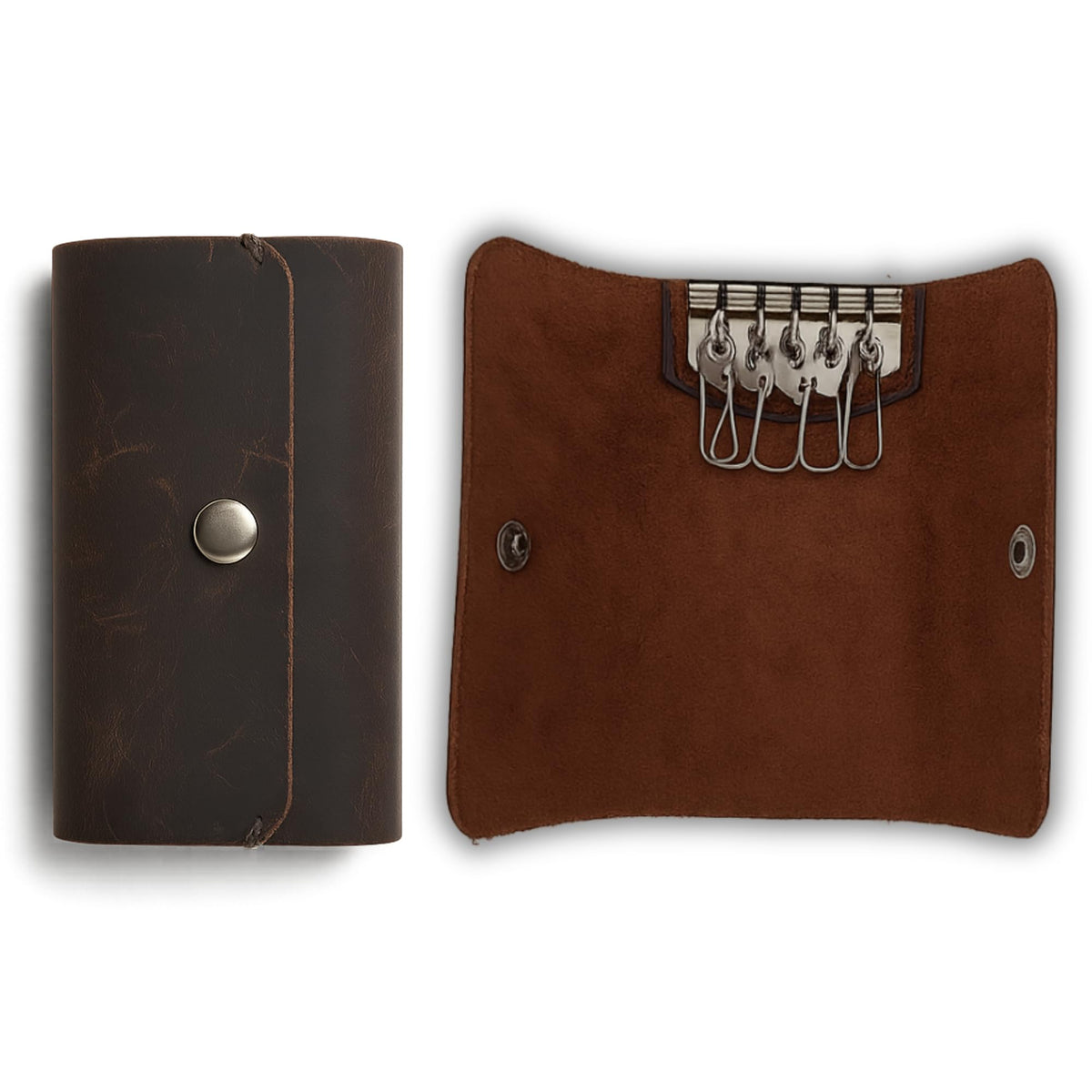 PavinCrafter Leather Key Sleeve – Brown Genuine Leather Key Holder with 6 Ring Slots & Button Closure – Compact Key Organizer for Men & Women