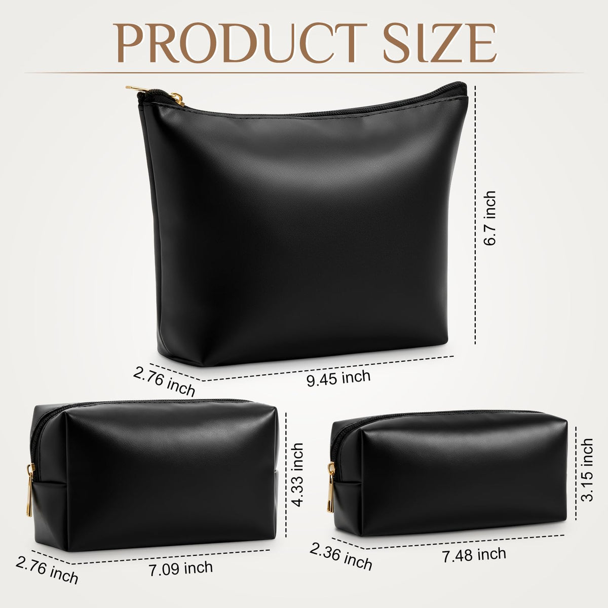 Kigeli 3 Piece Leather Makeup Bag Set Graduation Women Gifts PU Leather Makeup Toiletry Bag Bridesmaid Cosmetic Pouch Small Aesthetic Travel Purse for Wedding Birthday Women Gifts(Black)