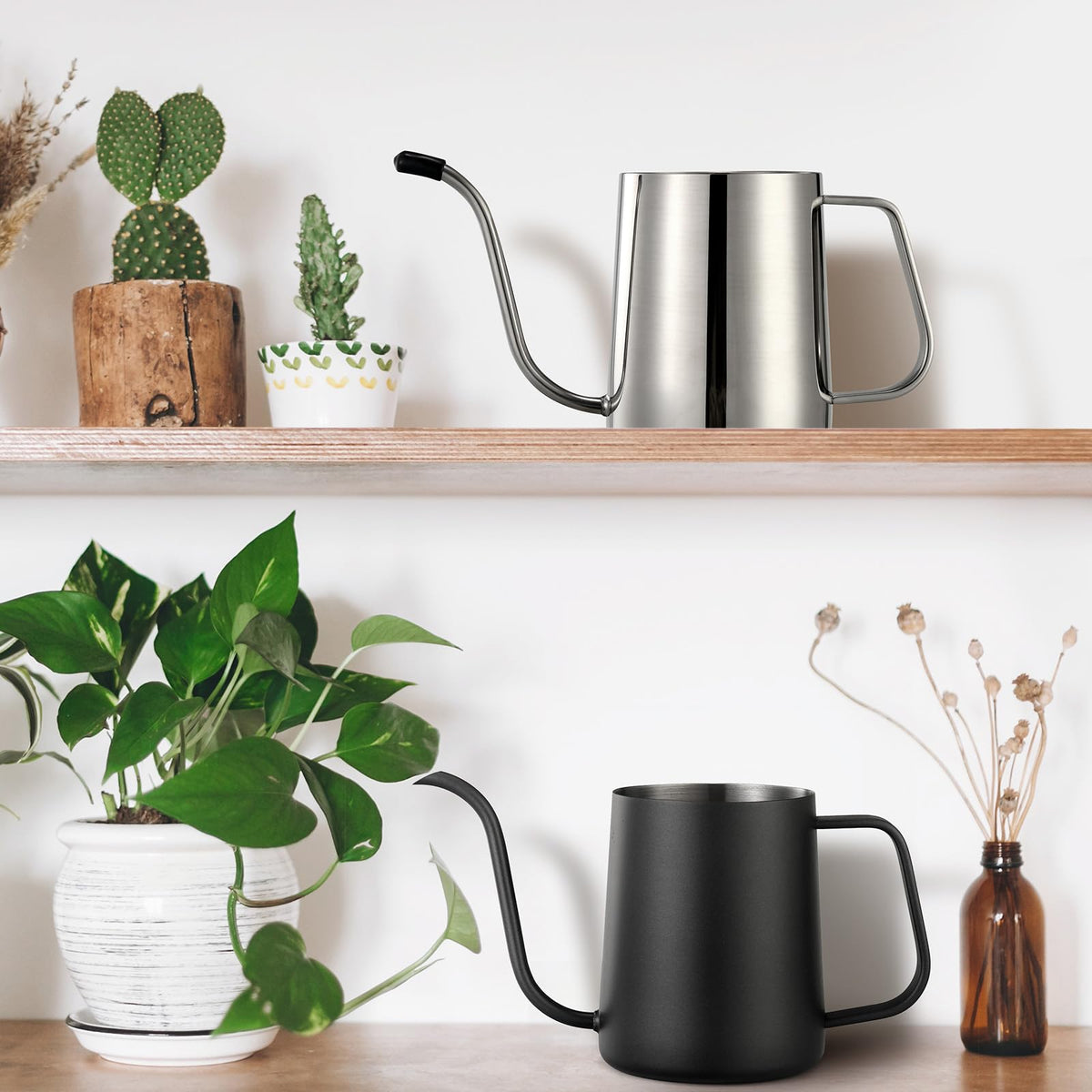 Small Watering Can Indoor Plants - 20 oz Mini Stainless Steel Watering Can with Long Spout Rust-Proof Tiny Metal Watering Can for Small House Plants Flowers Home & Office Black