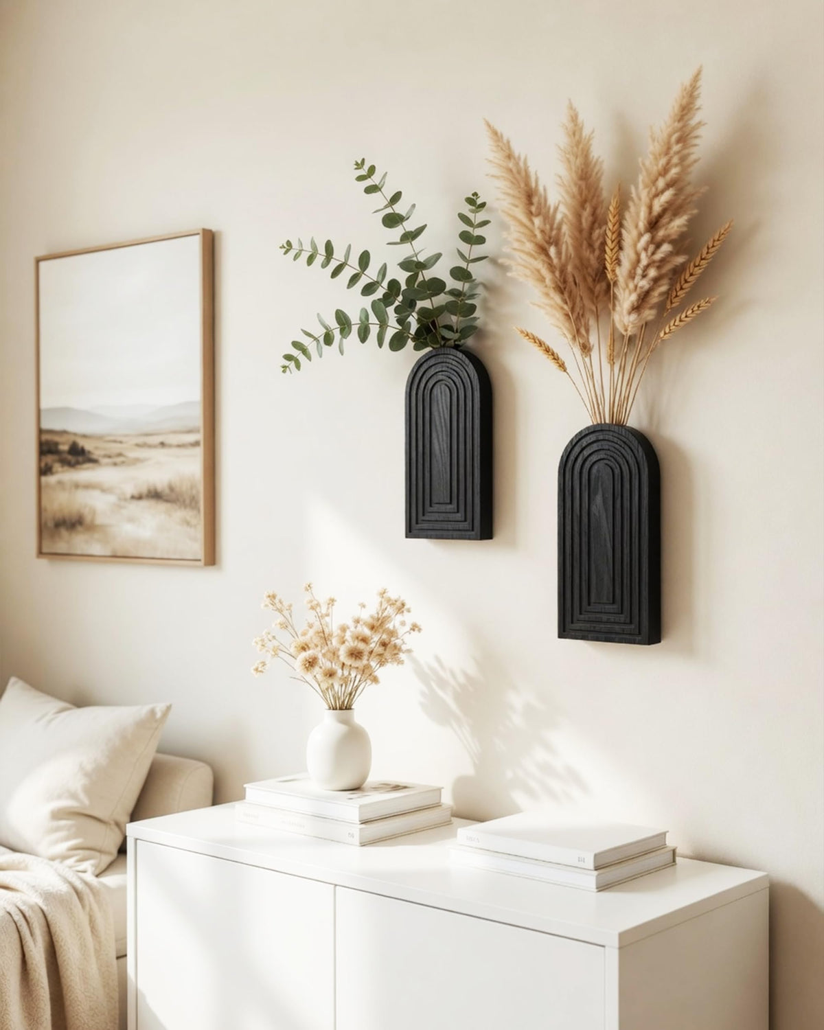 2 Pack Wooden Wall Vase Set - Boho & Modern Farmhouse Wall Decor, Hanging Planter for Indoor Plants & Flowers, Wood Mounted Art for Living Room, Bathroom, Hallway, Home Decor (Black, Medium)