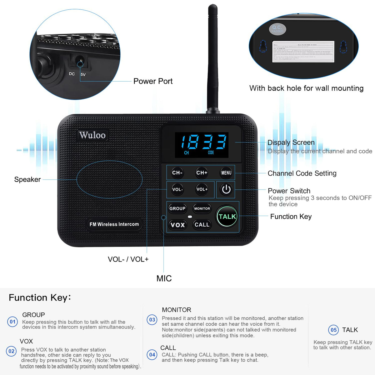 Wuloo Intercoms Wireless for Home 1 Mile Range 22 Channel 100 Digital Code Display Screen, Wireless Intercom System for Home House Business Office, Room to Room Intercom Communication(3Stations Black)