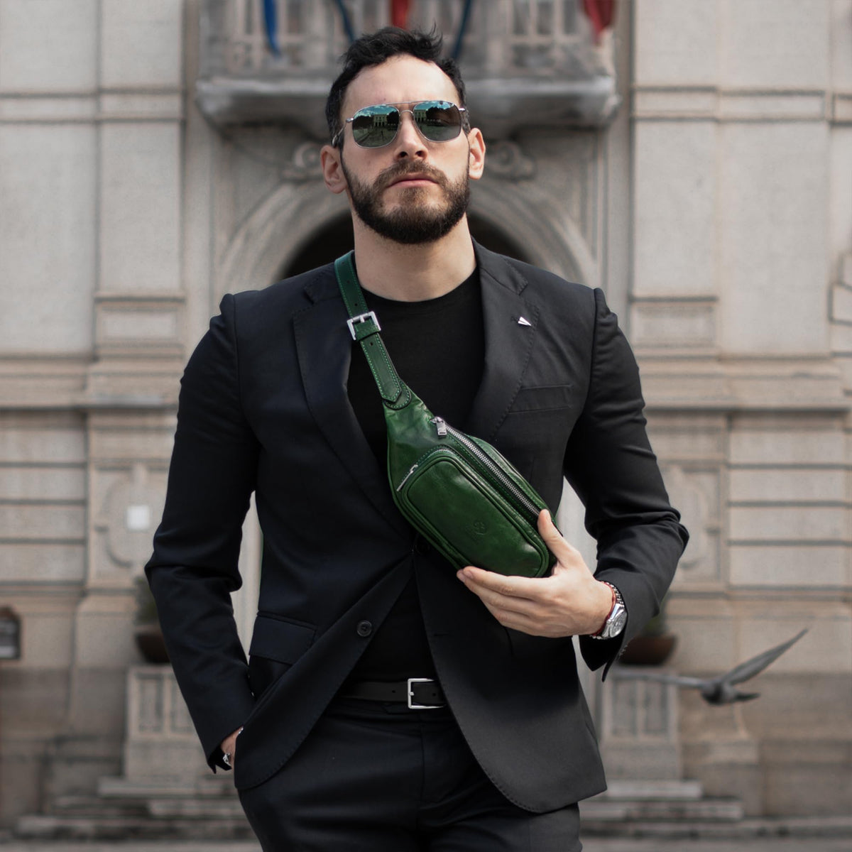 Time Resistance Leather Waist Pack - Belly Bag, Belt Bag, Fanny Pack - Handmade in Italy (Green)