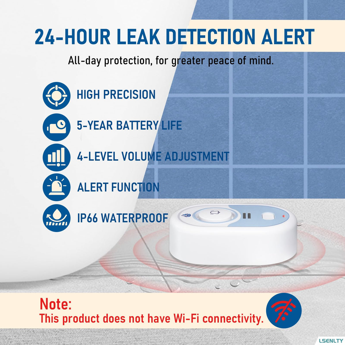 LSENTLY Water Leak Detector Supports 5 Years Standby Time, LED Indicator & 100dB Leak Alarm & Low Battery Reminder Water Alarm, IP66 Waterproof for Home Tub Sinks Washer (Cannot Connect Wi-Fi)