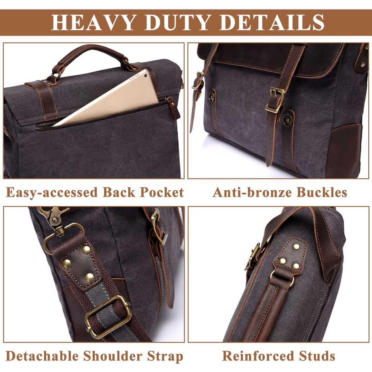 VASCHY Vintage Canvas Leather Messenger Bag School Shoulder Bag Business Briefcase Satchel Gray