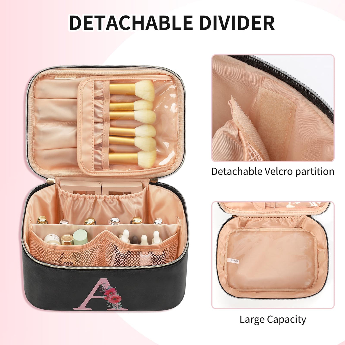 OCHEAL Initial Makeup Bag,Monogram Make up Bag Black Travel Makeup Organizer Case Beauty Toiletry Cosmetic Bag with Brush Holder, Trendy Stuff Personalized Gifts for Women and Girls-A
