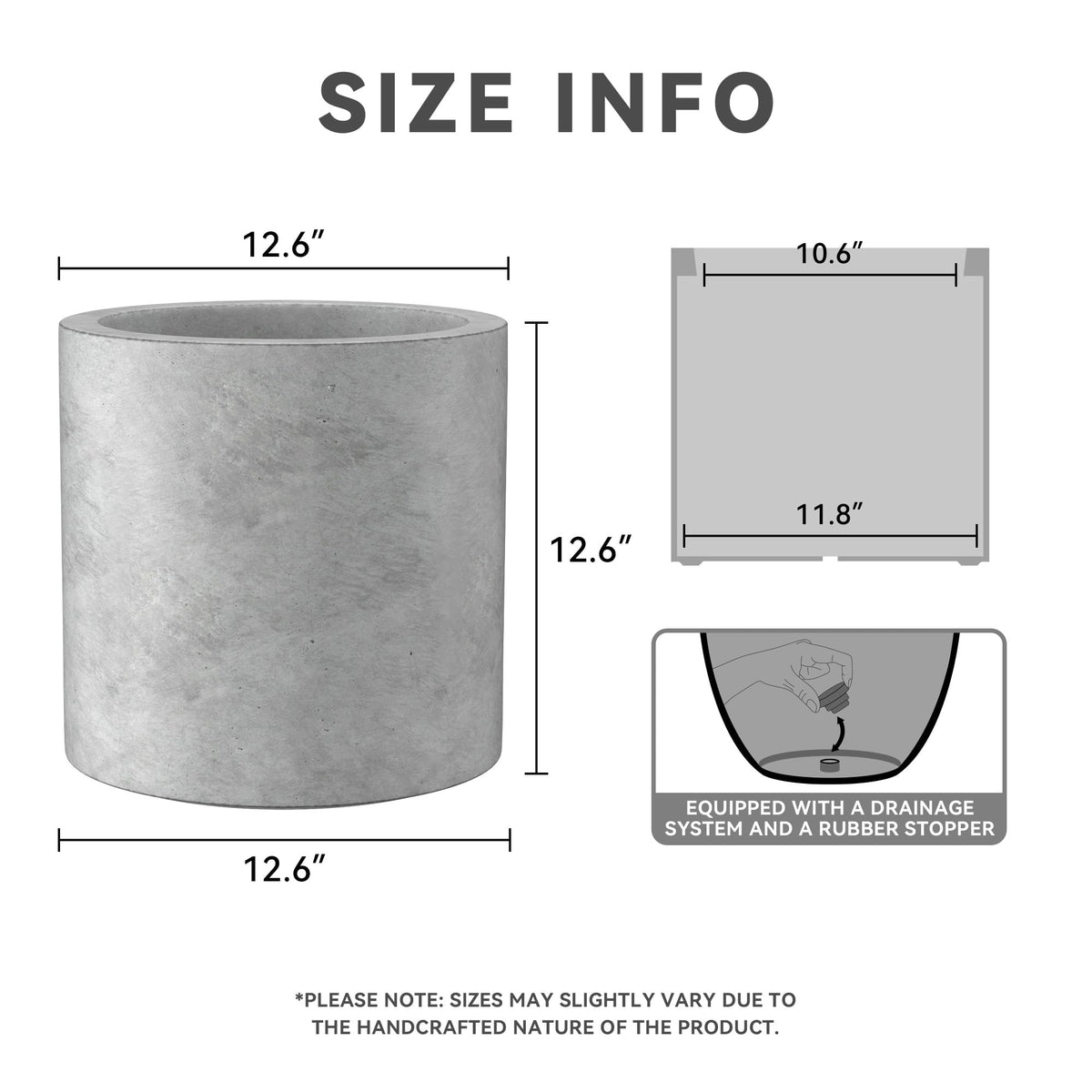 Kante 12.6" Dia Round Concrete Planter, Modern Style Large Cylindrical Plant Pot with Drainage Hole and Rubber Plug for Indoor Outdoor Patio, Natural Concrete