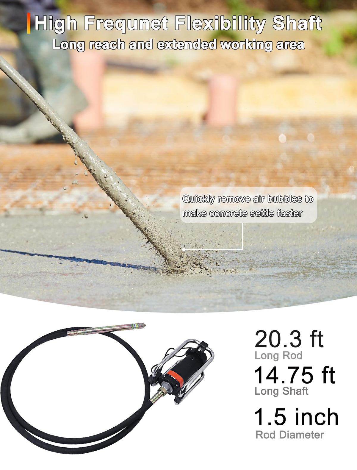 BIZOEPRO Concrete Vibrator, 1600W 2HP 18000RPM, 14-3/4ft Flexible Shaft, Electric Concrete Vibrating Tool, Hand Held Power Concrete Vibrators, Portable for Construction, Remove Air Bubbles Level Tool