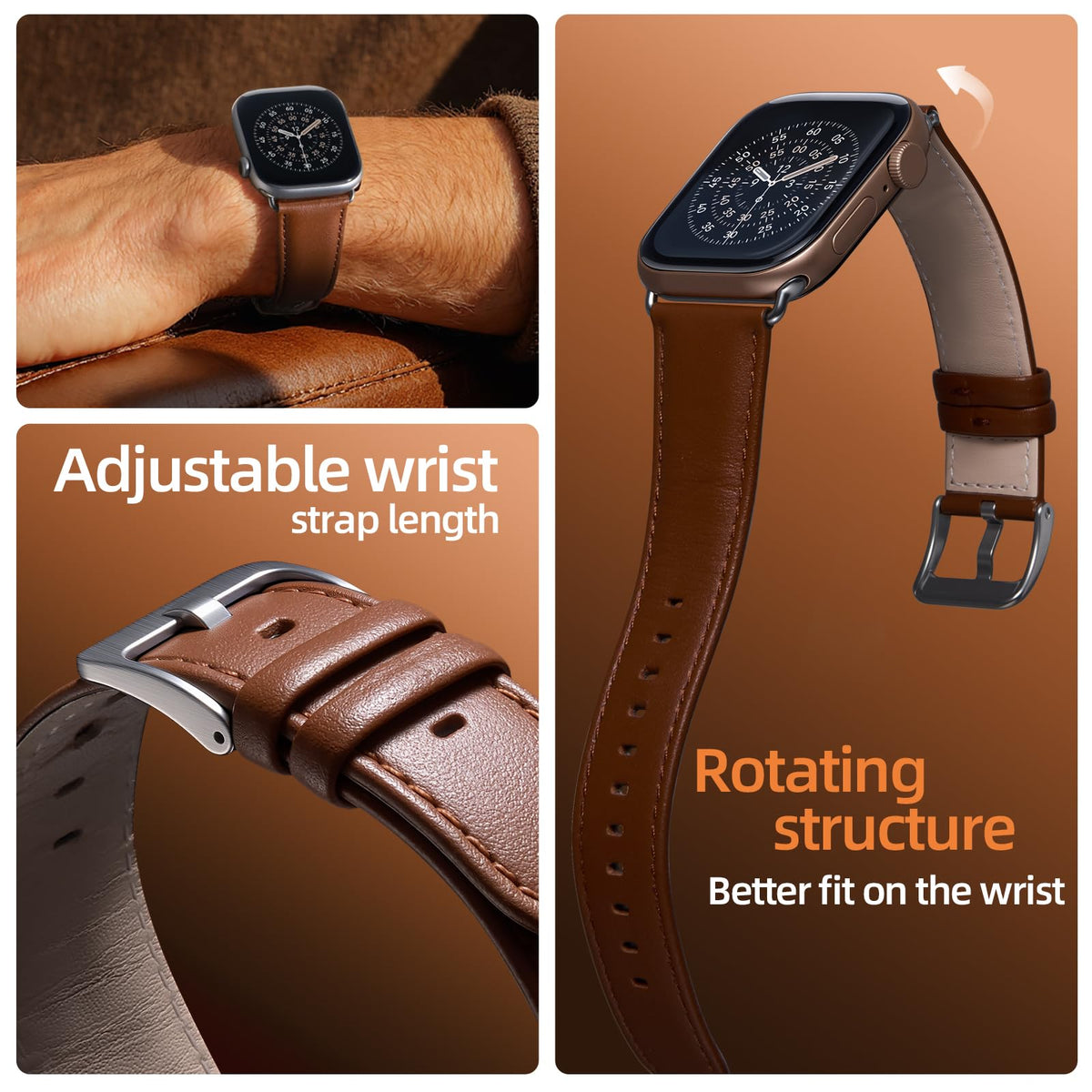 BESTSURE Leather Band Compatible with Apple Watch for Men and Women, Classic Genuine Leather Watch Strap, Fits Ultra/SE/Series 11–3(49/46/45/44/42mm), Brown