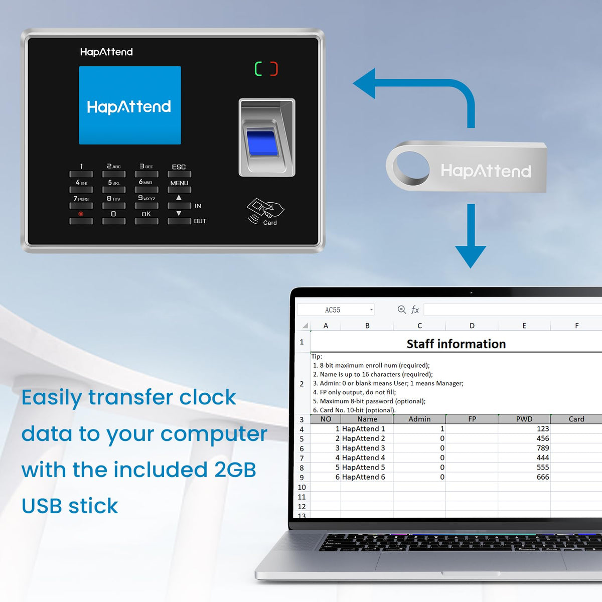 HapAttend Time Clocks Bundle with 15 RFID Cards, 0 Monthly Fees Standalone Biometric Time Attendance Punch Machine with Fingerprint, RFID and PIN - H2