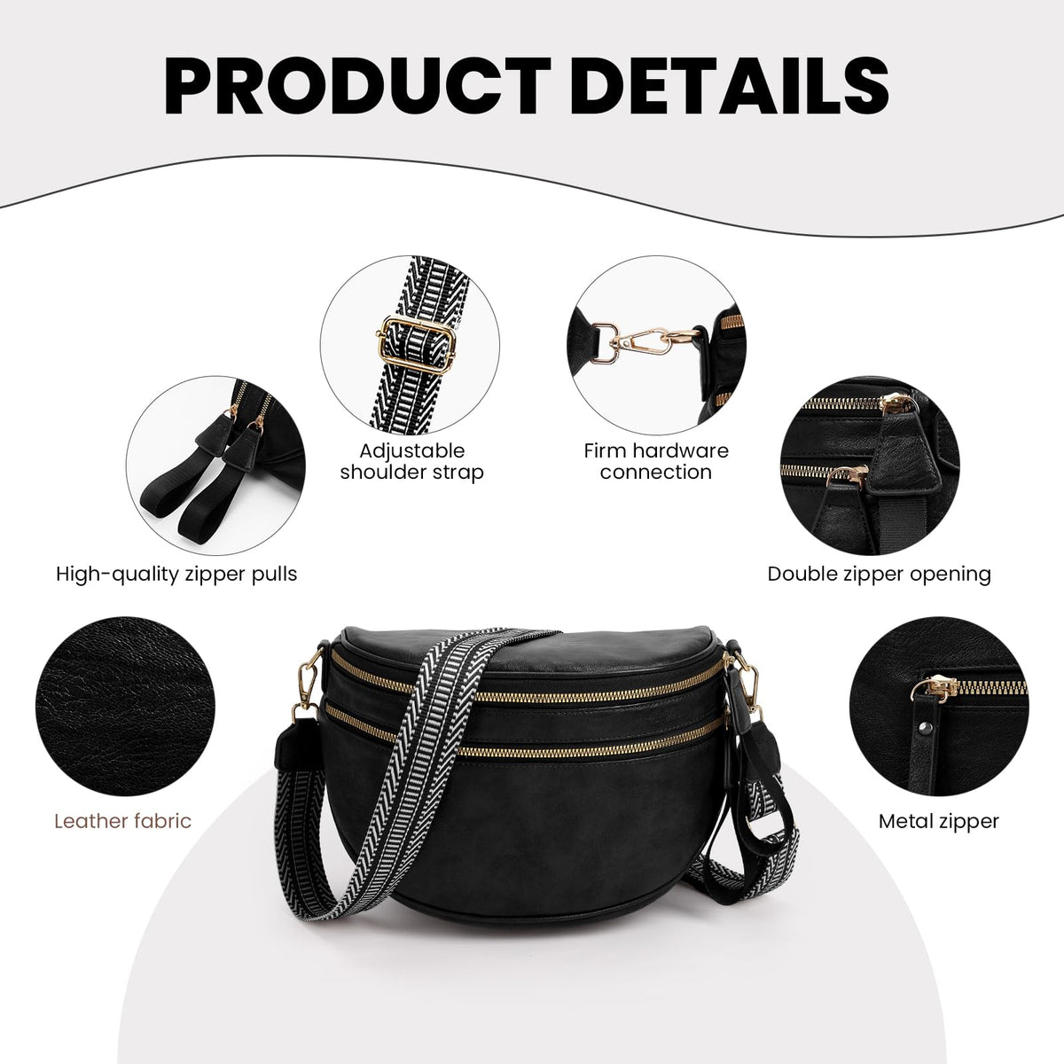 Leather Crossbody Fanny Pack Trendy Bum Bag Double Zip Multi Compartment with 2 Adjustable Straps Daily Belt Purse for Women