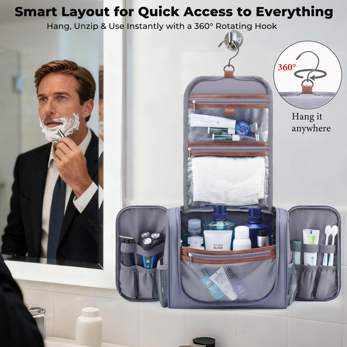 Ralnitote Large Hanging Toiletry Bag for Men, Travel Bathroom Bag with Hook, Hygiene Bag Organizer for Shower, Shaving & Grooming Essentials, Gray