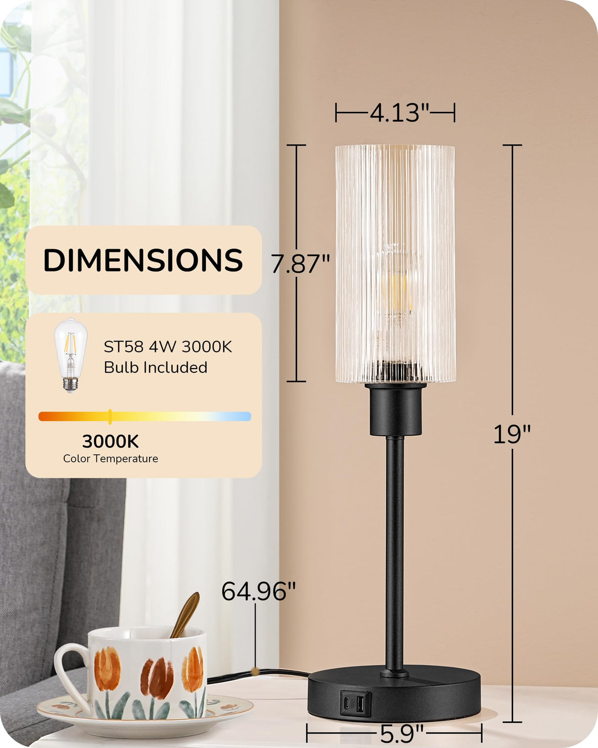 EDISHINE Table Lamp, Touch Control, 3-Way Dimmable, USB C+A Ports, Glass Shade, Black, Model 6e0d2e66-4aa0-