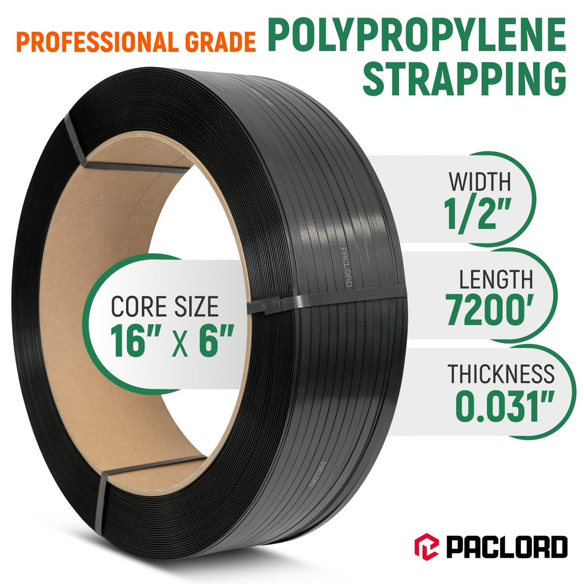 Paclord 1/2" x 7200' Heavy-Duty Polypropylene (PP) Strapping Coil - 0.031" Thick Banding Strap, 16" x 6" Core, 600 lbs Break Strength, Black - for Bundling and Packaging - Flexible, Weather Resistant