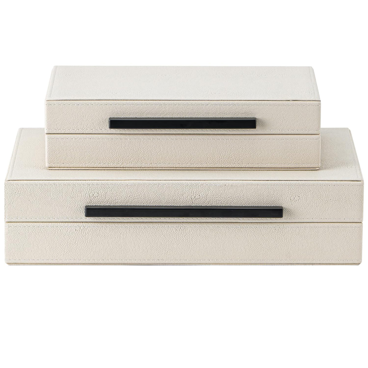 Set of 2 Beige Shagreen Decorative Storage Boxes with Black Metal Handles – Faux Leather Jewelry & Memory Boxes, Nesting Photo Organizers for Home Decor