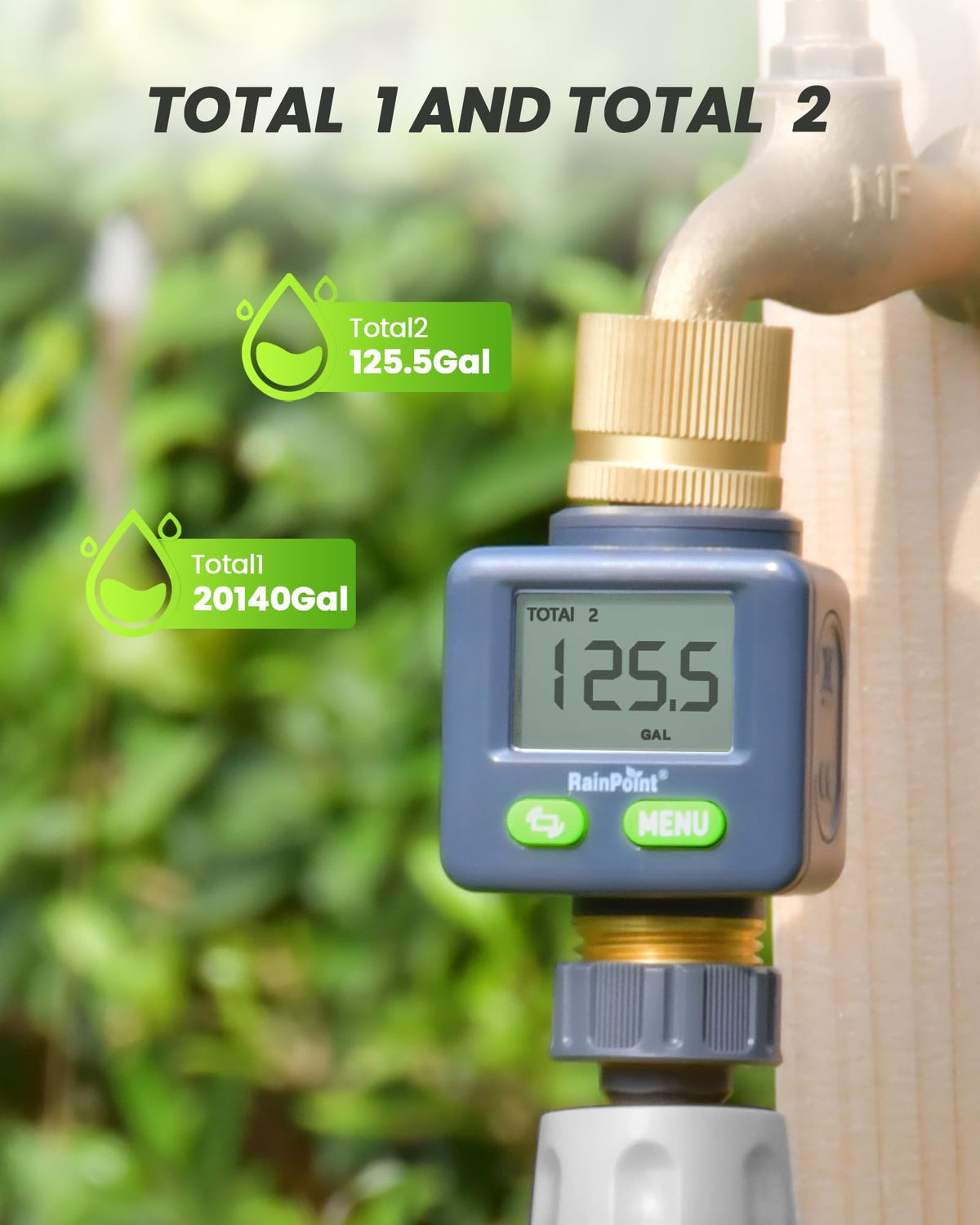 RAINPOINT Water Flow Meter with Brass Inlet & Outlet, 180° Screen-Flip Water Meter, Measure Gallon/Liter Consumption for RV Filling, Garden Watering, Sprinkler and Hoze Nozzle (Pack of 2)