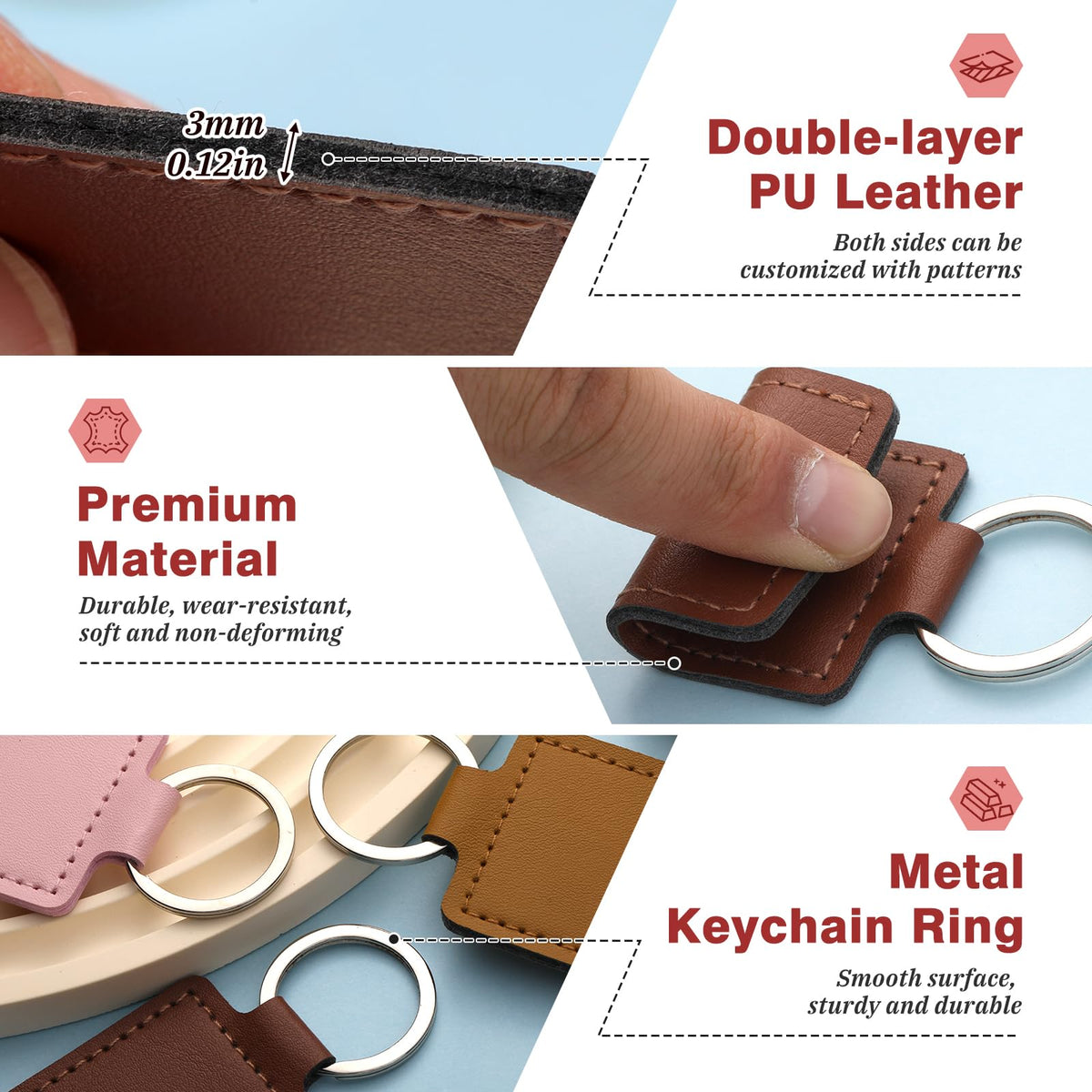 Tikjiua 30 Pcs Leather Key Fob Kit, 6 Colors Leather Keychain Blanks, Rectangular PU Key Chain Blanks with Keychain Rings for DIY Laser Engraving, Stamping Crafts Leather Working