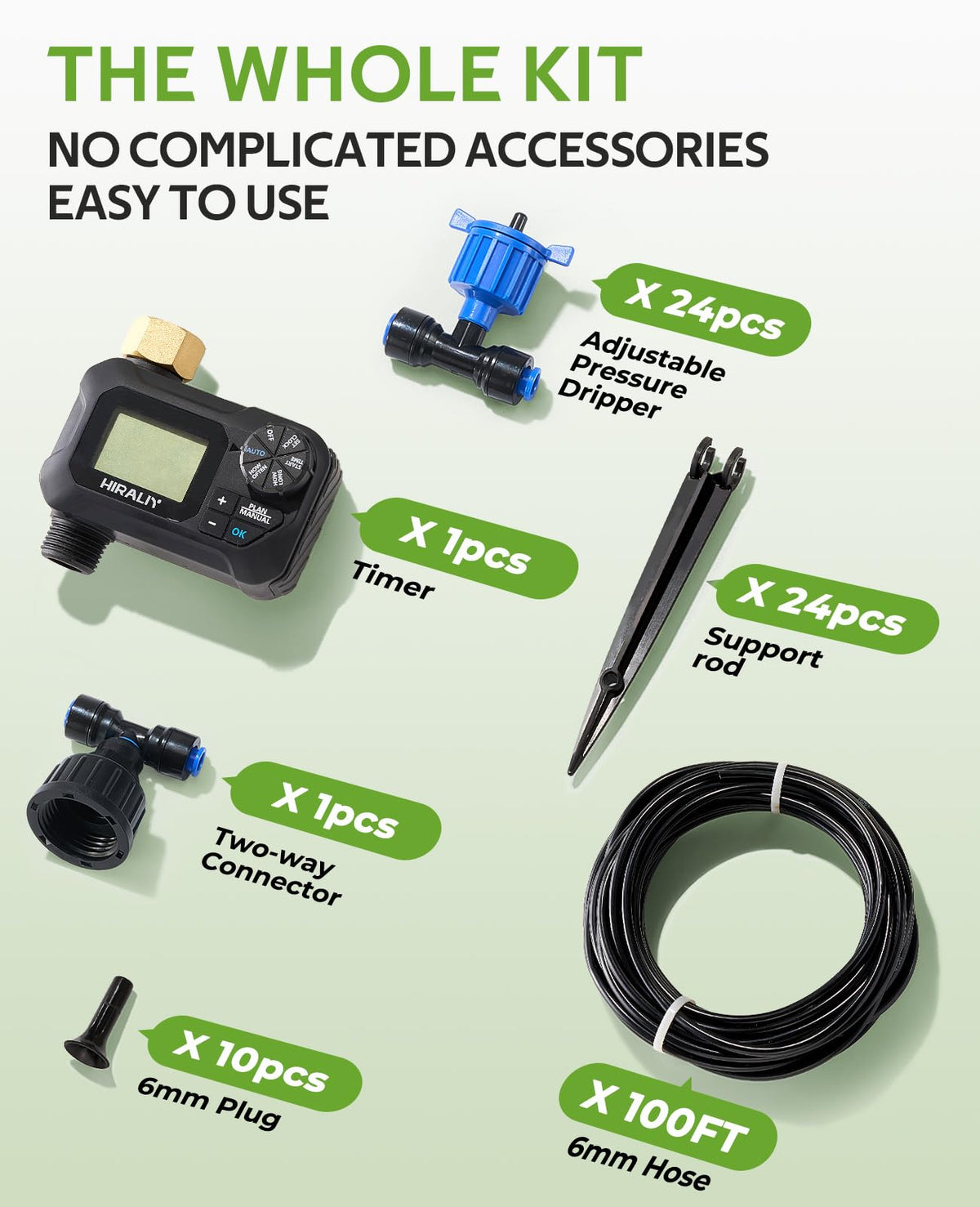 HIRALIY 100FT Pressure Compensated Drip Irrigation System with Timer, No-Leak Quick Connect Automatic Watering System, 24 Adjustable Emitters for Uniform Flow, Garden, Patio, Raised Bed