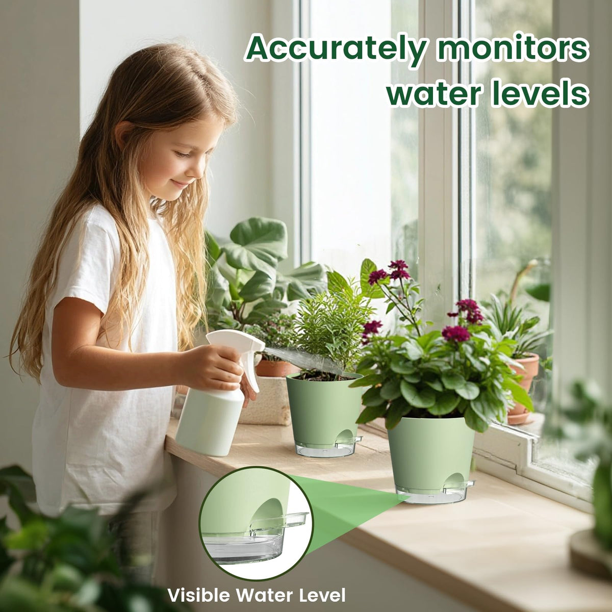 Meowell 6 inch Self Watering Pots for Indoor Outdoor Plants, 3 Pack Flower Plant Pots with Drainage Holes and Clear Reservoirs, Visible Water Level, Plastic Planters with Wicking Rope, Green