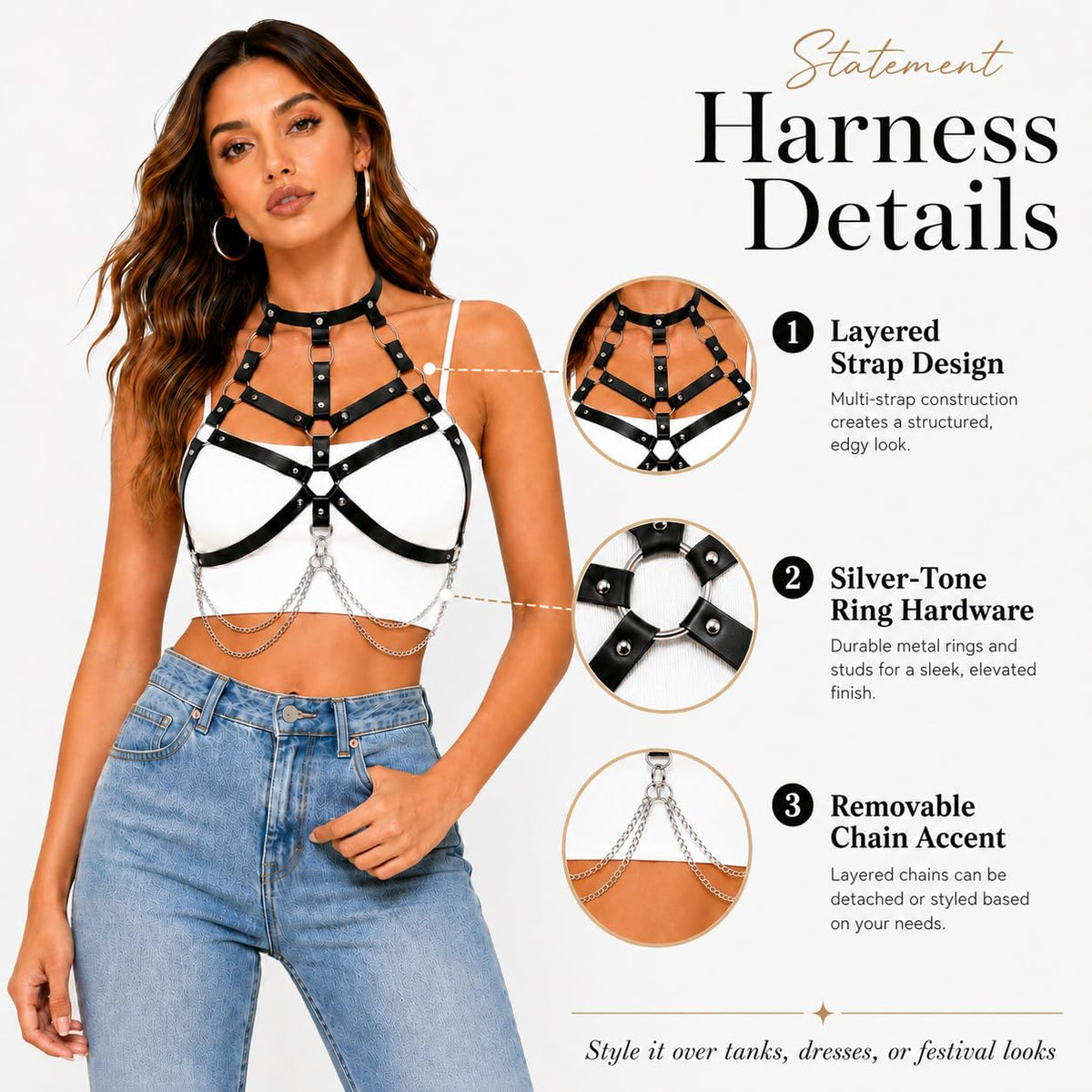 Women‘s Leather Chest Harness Top – Gothic Black Body Strap Belt, Punk Chain Harness for Festival Cosplay Rave Party Outfit