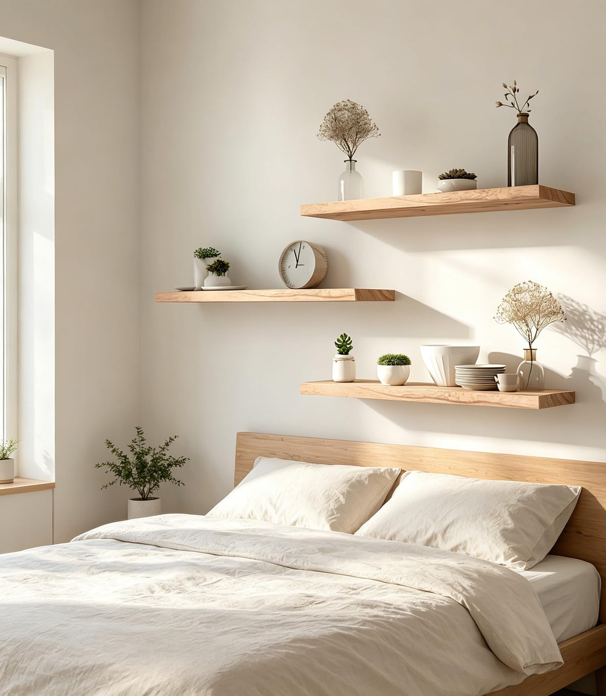 HXSWY 24 Inch Rustic Wood Floating Shelves Farmhouse Wooden Wall Shelves for Bathroom Bedroom Living Room Kitchen Office Set of 4 Light Brown