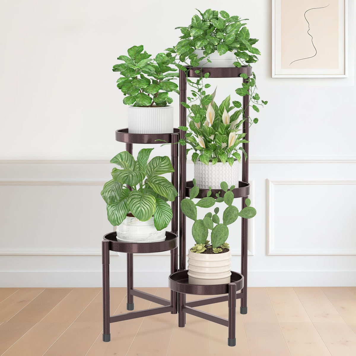 iDavosic.ly Plant Stand Indoor Outdoor, 5 Tier Corner Metal Flower Display Holder Shelf, Folding Tall Orchid Rack for Patio Balcony Porch Garden Living Room House, Violet Bronze