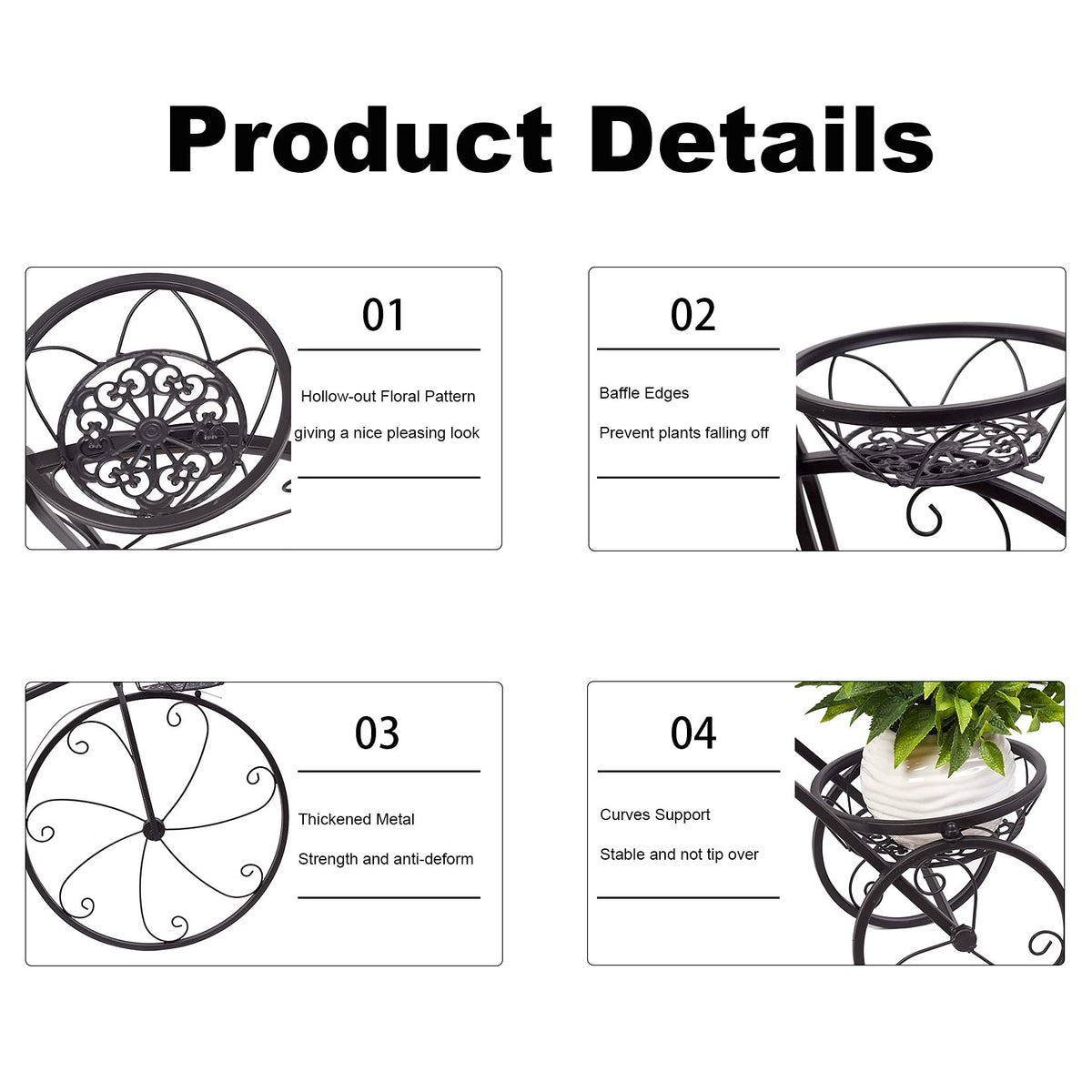 unho Tricycle Iron Planter Stand: 3 Potted Bicycle Shape Plant Flower Pot Rack Metal Display Shelf Holder for Patio Garden Indoor Outdoor