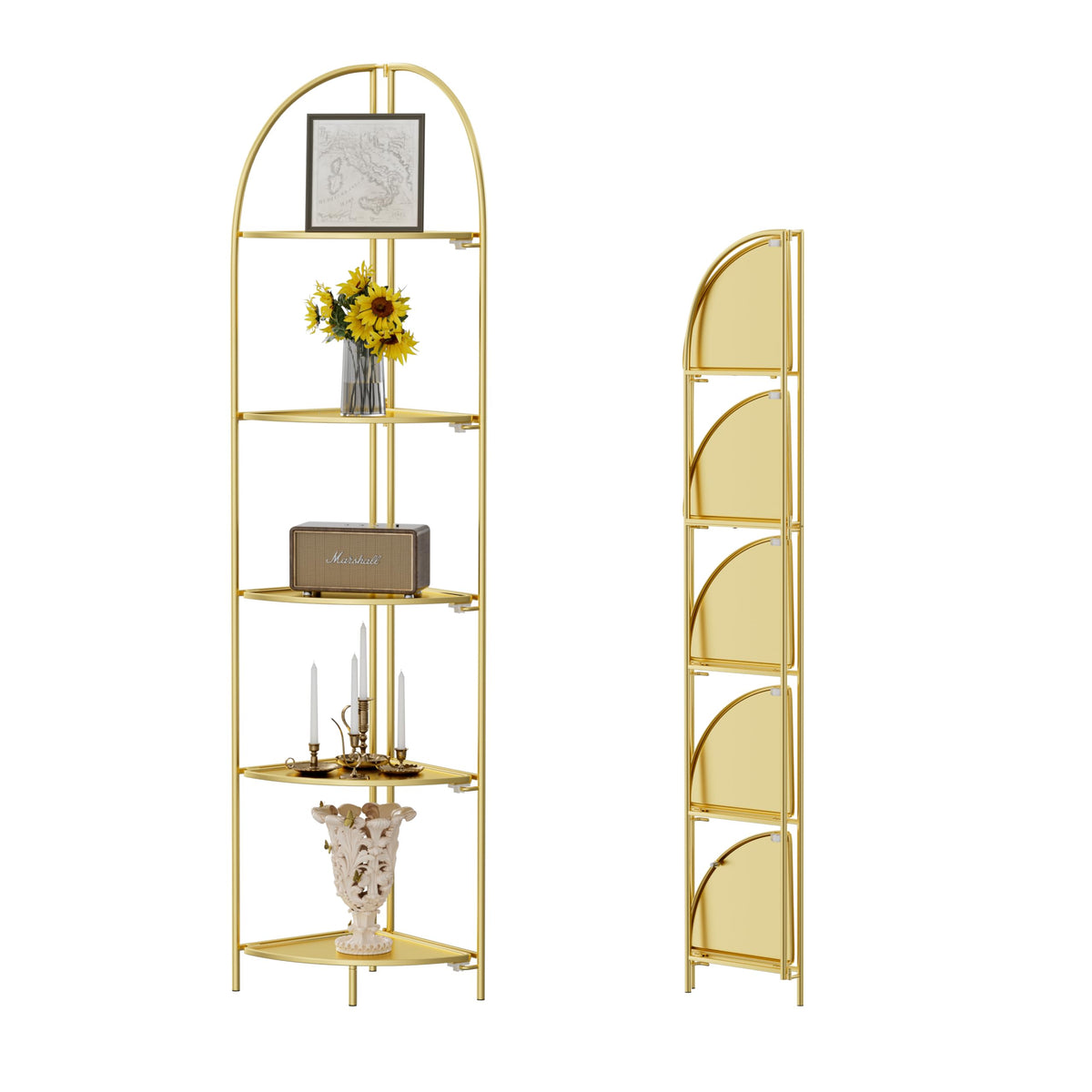 Crofy Foldable 5 Tier Corner Shelf, Metal Corner Plant Stand with Gold Frame and Gold Shelves, Corner Display Rack Multipurpose Shelving Unit for Living Room, Bedroom, Bathroom