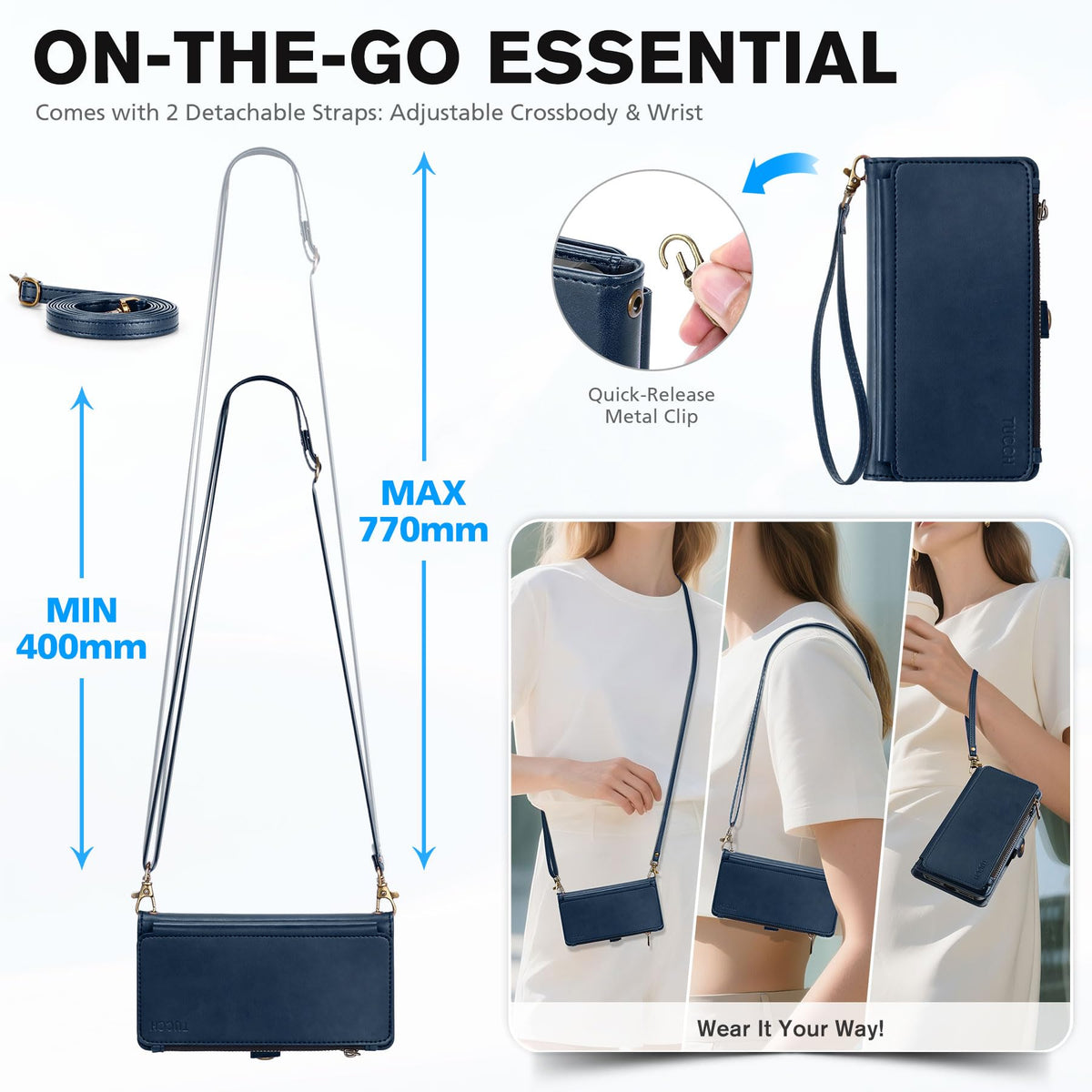 TUCCH Crossbody Detachable Wallet Case for iPhone 17 Pro Max 6.9", 10 Card Holders RFID Blocking, Wireless Charging, Stand, Wrist Strap, Lanyard, Zipper Pocket, PU Leather Shockproof Cover, Dark Blue