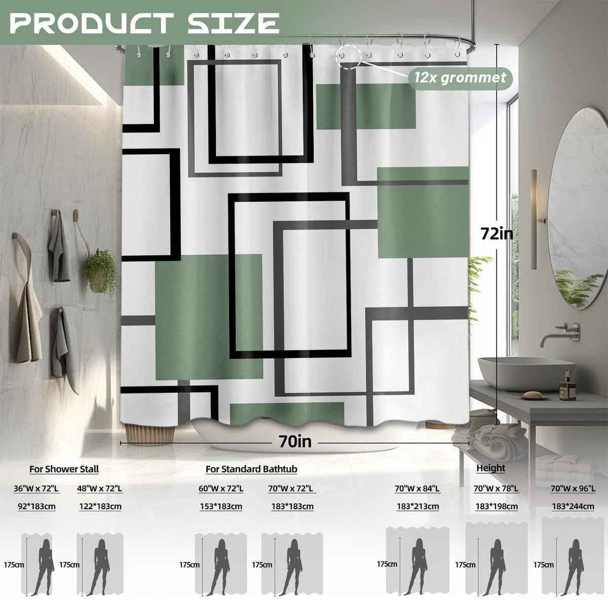 Yieldeer Geometric Shower Curtain, Green and White, 70 x 72 in