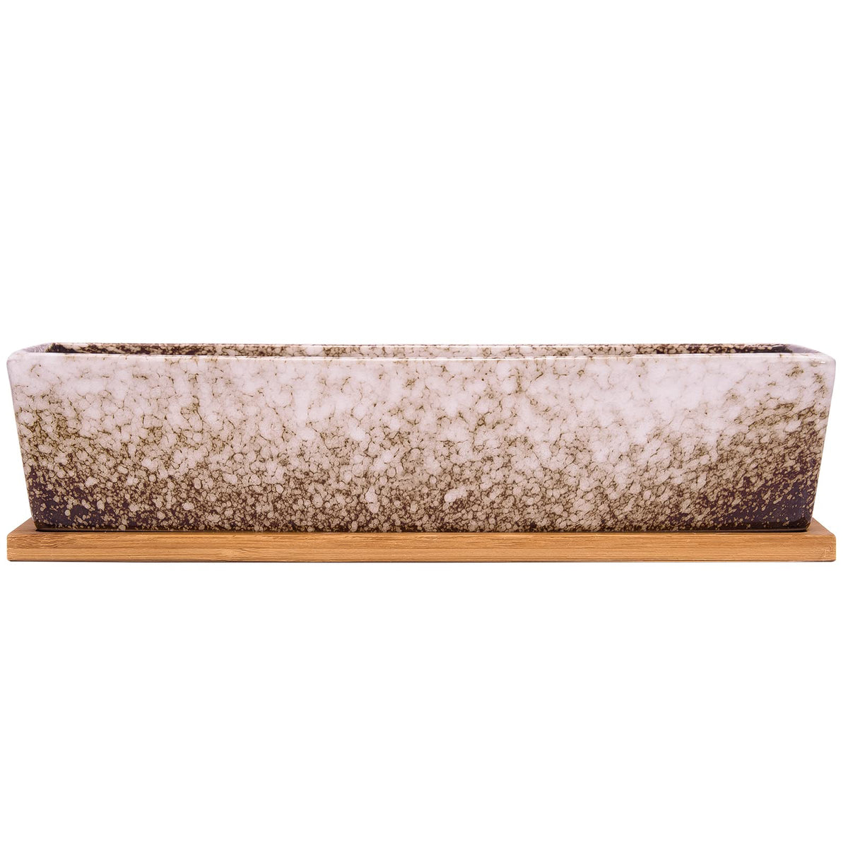 Succulent Pots - Large Succulent Planter Pots with Drainage, 12 Inch Long Rectangle Bonsai Pot with Bamboo Tray Shallow Ceramic Cactus Flower Planter Window Box for Home Garden Decor (White)