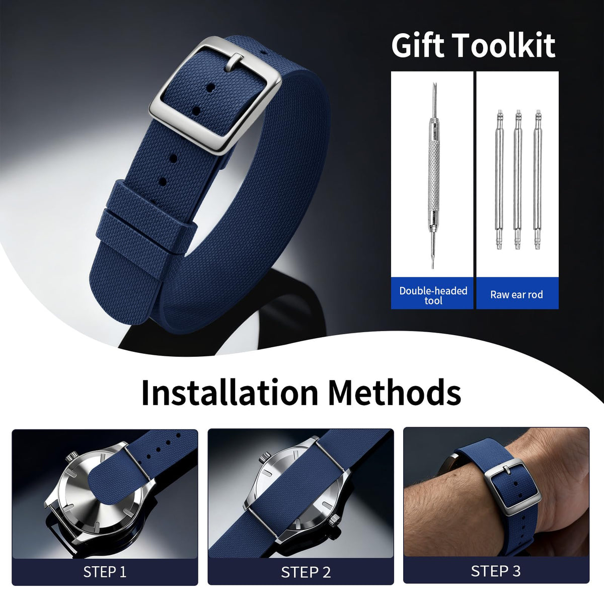ULLCHRO Watch Strap FKM Rubber Watch Strap 20mm Waterproof Silicone Replacement Band 22mm, Soft Rubber for Man Watch Band (20mm, Navy Blue)