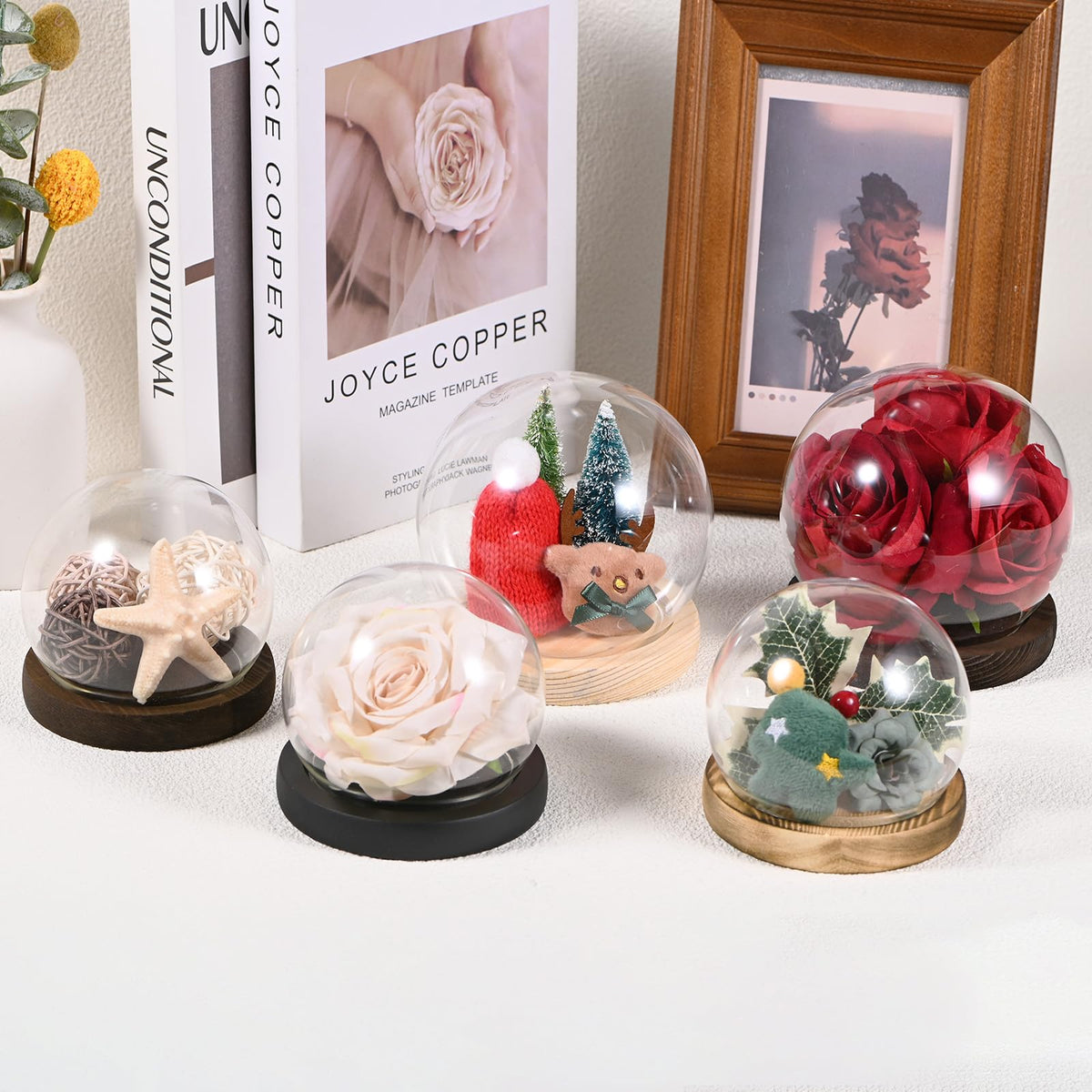 M METERXITY Cloche Glass Dome, D4.7In Ball Jar with Wooden Base for DIY Snow Globes/Small Plants/Flowers/Candles/Models/Souvenirs, Glass Display Case [Burnt]