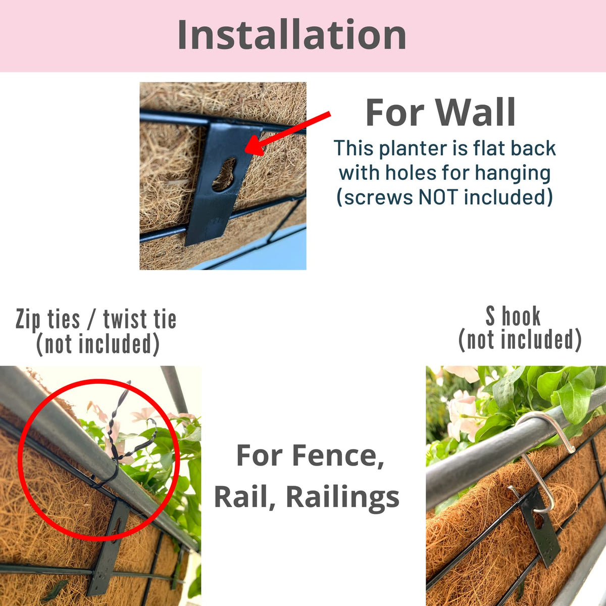 LaLaGreen Wall Planters for Outdoor Plants (2 Pack, 16 Inch) Window Flower Boxes Basket Attach to House, Deck Railing Strawberry Planters with Coco Liners BalconyTroughs Fence Patio Porch Over Rail