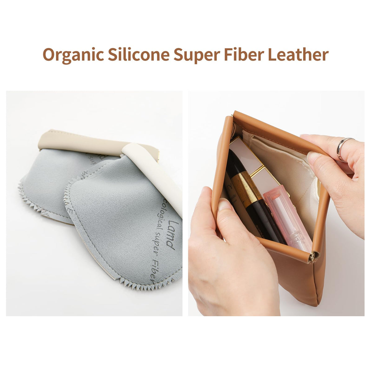 MEIBOOCH 2 Pack Small Makeup Bag for Women, New Organosilicon Super Fiber PU Leather Mini Cosmetic Bag for Travel, Coin Purse Organizer Storage Pouch (Brown)