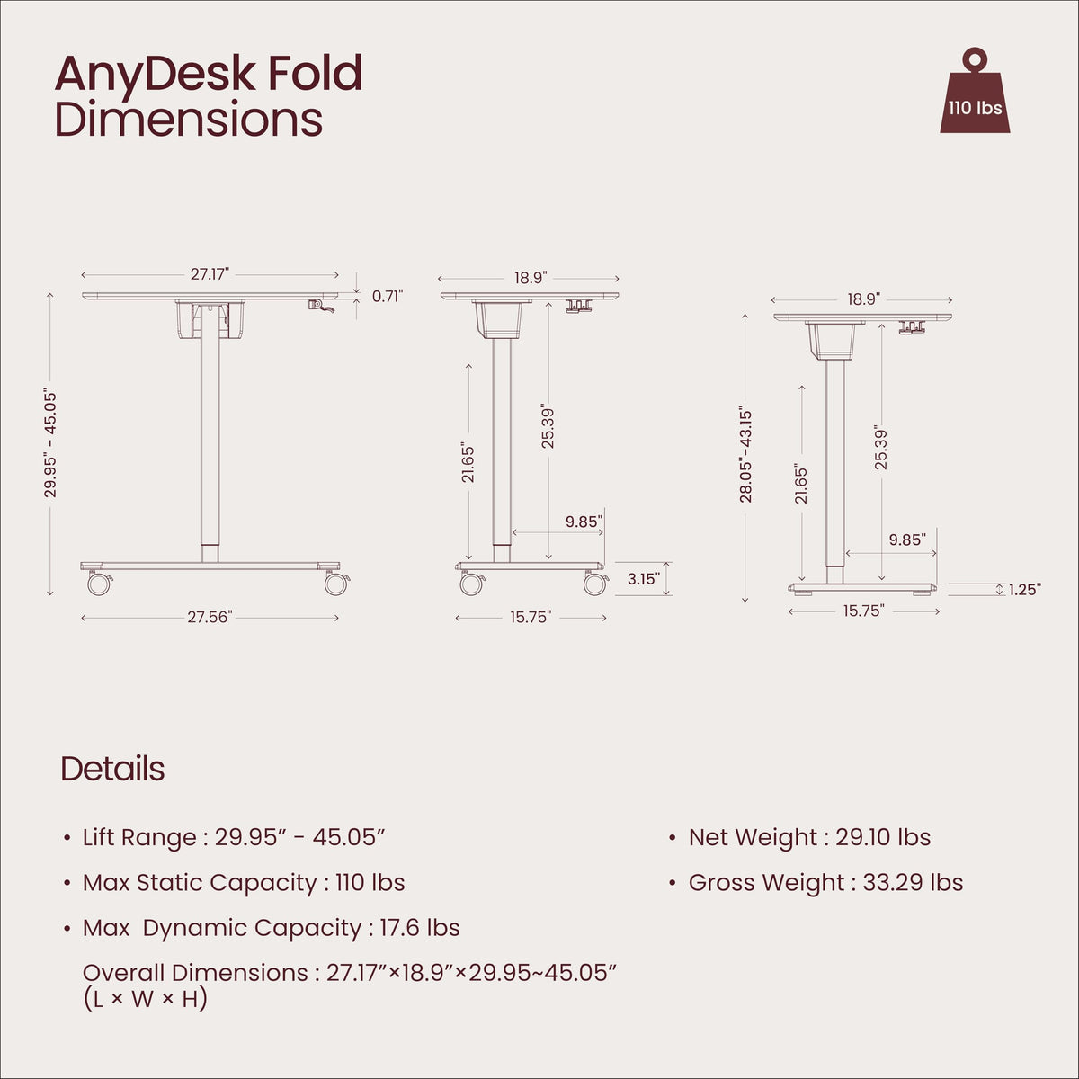 TopJob ANYDESK FOLD Mobile Standing Desk, Portable with Lockable Wheels, Foldable Stand Desk, Rolling Computer Workstations, Used for Home, Couch Side Table, Bedside Table in Bed Room Kitchen